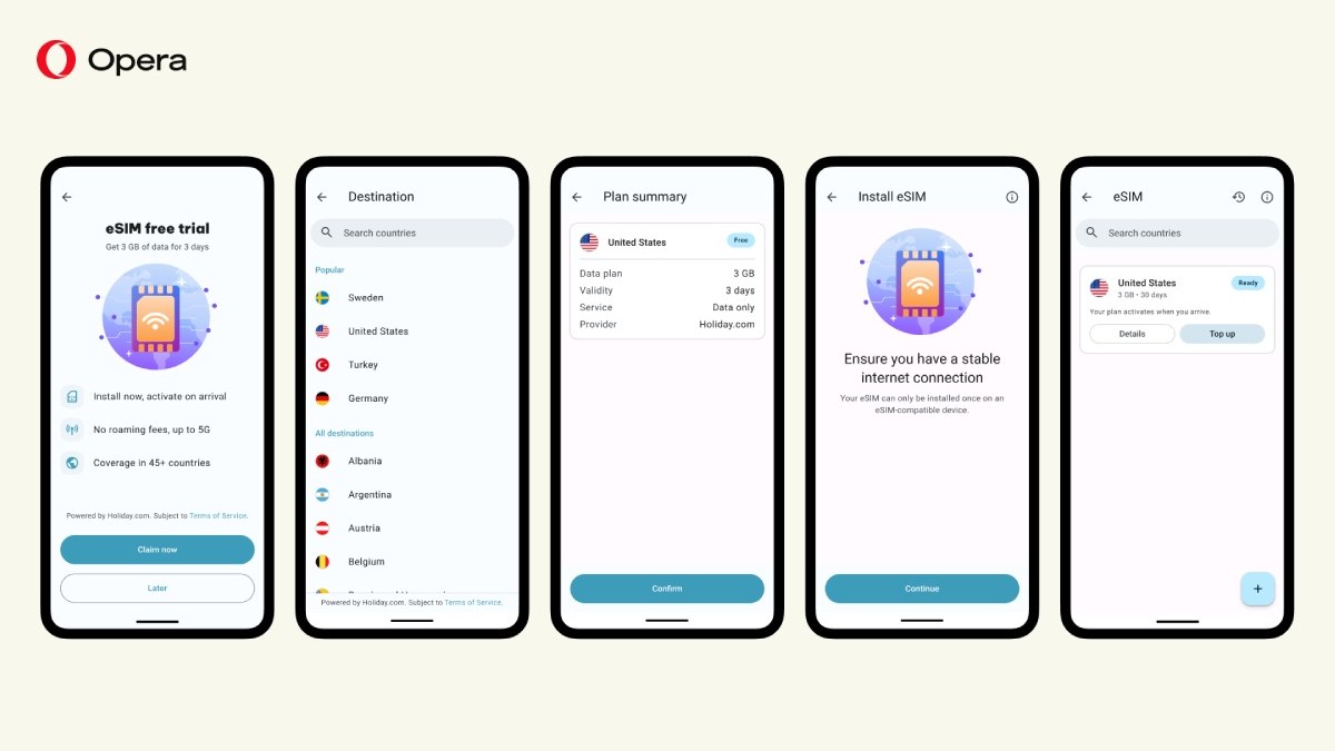 Opera intègre une eSIM de voyage dans son navigateur pour Android